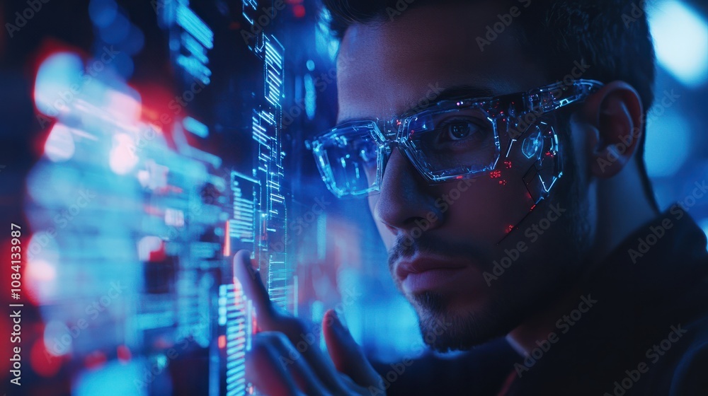 Poster man using tools ai. technology smart robot science and artificial intelligence technology, and innov