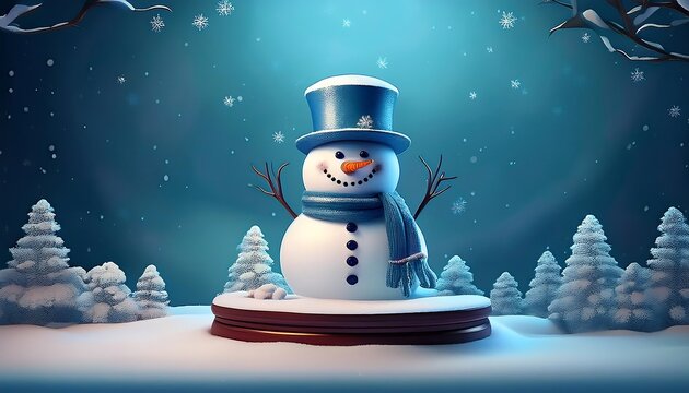  Snowy winter scene of a podium surrounded by snowdrifts, snowflakes, and a snowman, perfect_1(684)