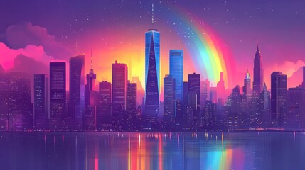 Fototapeta premium New York City skyline with urban skyscrapers and rainbow.