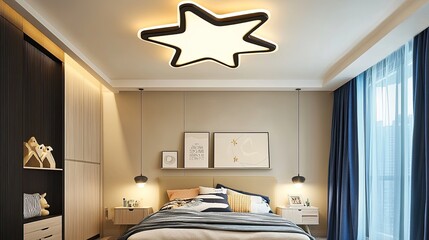 Here's a  and keyword list for your stock photo.. Modern star-shaped ceiling light in a bedroom.