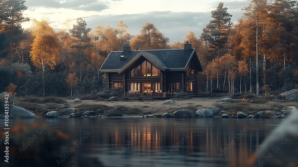 Poster idyllic log cabin amidst forested countryside by a calm lake in autumn : generative ai