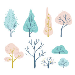 a set of different cartoon trees drawn by hand.  lovely trees in pastel colors. Scandinavian decor for the children's room
