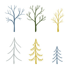Fototapeta premium A set of doodle trees and pines. Scandinavian-style decor for children's clothes. poster with trees