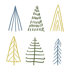 Obraz premium A set of festive stylized Scandinavian-style Christmas trees. cute forest decor. children's poster