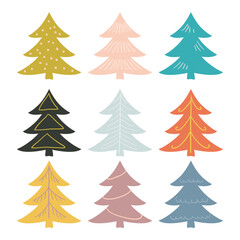 Obraz premium A set of colorful silhouettes of Christmas trees. a poster with different Christmas trees in a childish naive style.