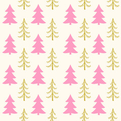 Obraz premium Christmas seamless pattern with pink and gold fir trees. minimalistic festive background