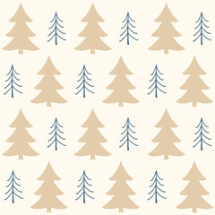 Fototapeta premium beige fir trees on a light background painted by hand. cute naive festive forest print