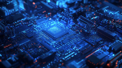 Obraz premium A blue, glowing AI chip is shown on a dark tech background. It's a detailed illustration of a microchip, using a low-polygon style.