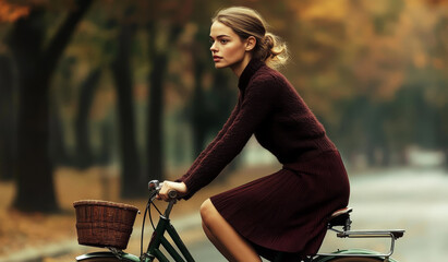 Woman in Burgundy Outfit Cycling Through Overgrown Park with Muted Autumn Colors in Warm Soft Light