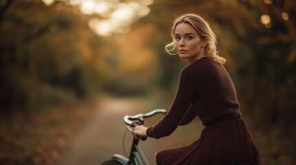 Vintage Bicycle Scene with Woman in Burgundy Clothing, Cycling Through Overgrown Autumn Park in Golden Afternoon Glow
