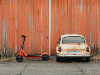 Climate change and transport concept. Electric scooter parked beside rusty vintage car against orange wall