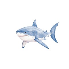 Obraz premium A watercolor illustration of a shark swimming, showcasing its distinctive features and vibrant blue tones.