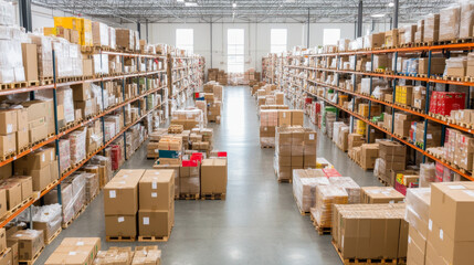 Obraz premium A spacious warehouse filled with neatly organized shelves and pallets of boxes, showcasing variety of products ready for distribution. bright lighting enhances orderly atmosphere, reflecting efficienc