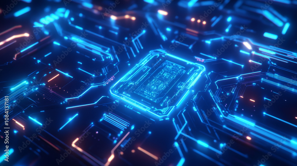 Poster a glowing blue ai computer chip is shown with connecting lines, creating a futuristic tech image. th
