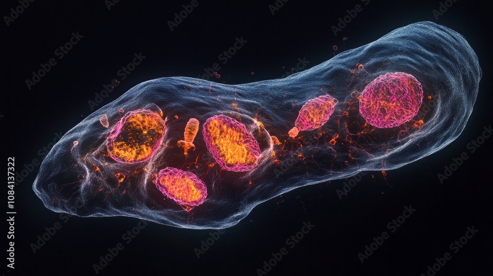 Poster a close up of a cell with red and orange spots