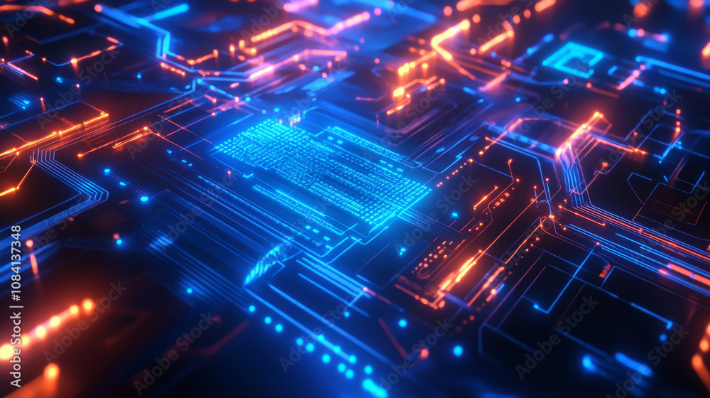 Poster a glowing blue ai computer chip is shown with connecting lines, creating a futuristic tech image. th