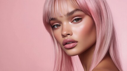Fototapeta premium A model in a studio with very straight hair featuring pink streaks, posing effortlessly in front of a pale pink background