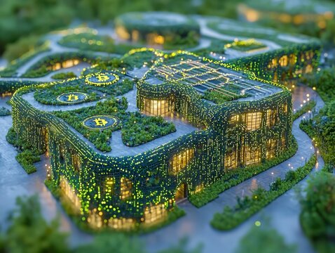 Bullish bitcoin growth digital landscape infographic urban environment high perspective cryptocurrency trends