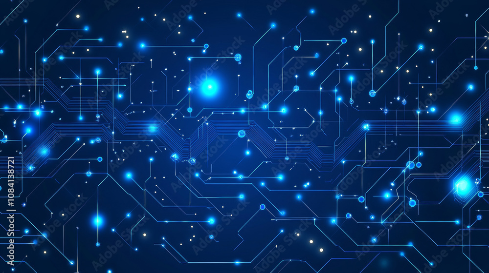 Poster a blue circuit board with computer parts like a chip and processor. it's a digital image showing tec