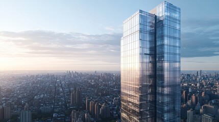 Fototapeta premium A panoramic top view of a skyscraper with exposed steel architecture and glass panels, contrasting with the surrounding city grid