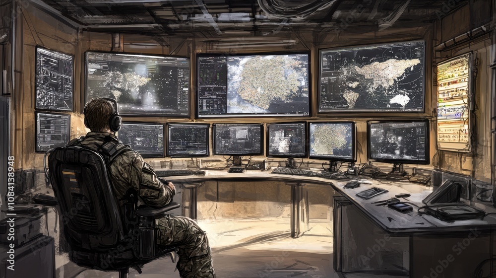 Poster military operator in a high-tech control room analyzing data on multiple screens with global maps an