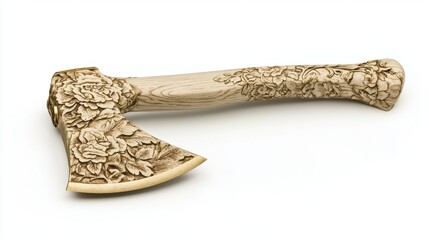 Exquisite Handcrafted Wooden Axe with Intricate Floral Carvings on Handle, Perfect for Collectors and Rustic Decor Enthusiasts, Unique Artisanal Design