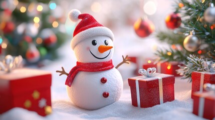 Fototapeta premium A snowman with a big smile and a festive hat, surrounded by vibrant gifts and a decorated Christmas tree. The bright background radiates holiday warmth in this 3D-rendered scene.