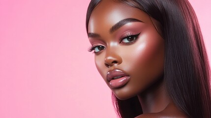 Fototapeta premium A striking studio shot of a model with straight, smooth hair and soft pink stripes, set against a pale pink background. Her makeup is fresh and dewy, emphasizing her flawless skin and natural lips