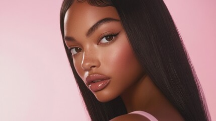 Fototapeta premium A striking studio shot of a model with straight, smooth hair and soft pink stripes, set against a pale pink background. Her makeup is fresh and dewy, emphasizing her flawless skin and natural lips