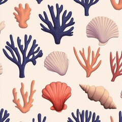 Fototapeta premium Seamless pattern with blue and orange coral and shells on a beige background.