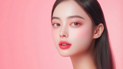 Fototapeta premium A studio shot of a model with sleek, straight hair featuring soft pink stripes, against a delicate pink background. Her makeup is soft and natural