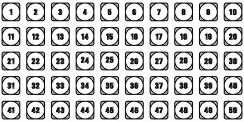 Numbered, colored points arranged from zero to fifty. Flat circles, premium abstract black squares