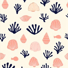 Seamless pattern with seashells, coral and fish on a beige background.
