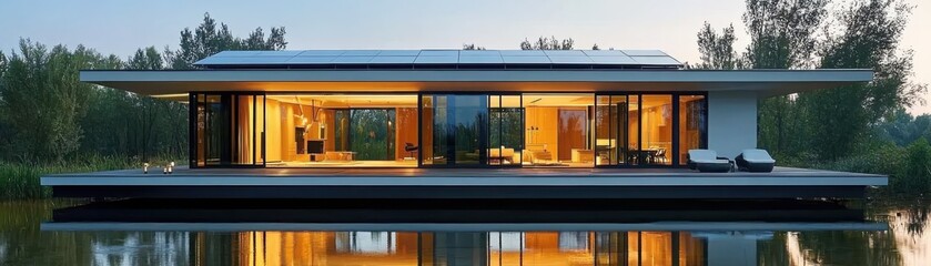 Fototapeta premium Discover a solar-powered home eco-friendly location innovative design serene environment futuristic perspective sustainable living concept