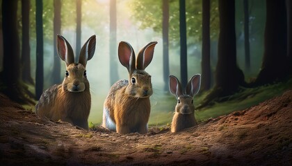 Obraz premium Familia de conejos en el bosque