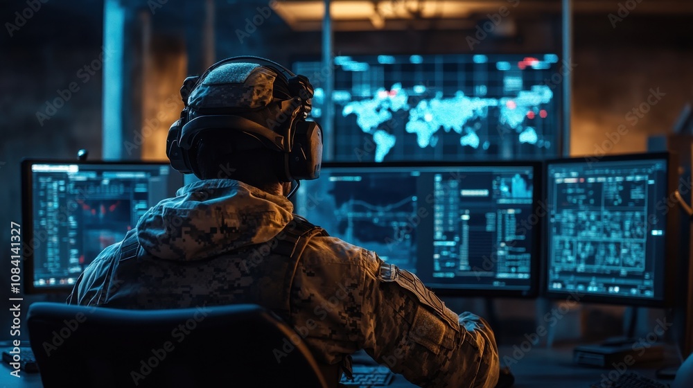 Poster dedicated military operator analyzing tactical data in a high-tech command center with multiple moni