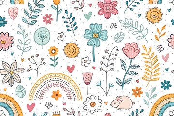 Fototapeta premium Whimsical floral doodle seamless pattern featuring hand-drawn flowers, leaves, and hearts in pastel tones. Ideal for textile, wallpaper, or decorative designs.