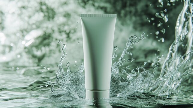 Blank cream tube mockup falling underwater, surrounded by cinematic splashes against a light green background