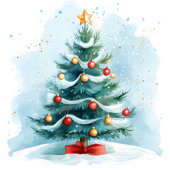 Obraz premium Watercolor Christmas tree with Christmas decorations with golden star on white background 