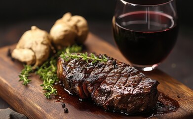Seasoned steak resting on a cutting board kitchen food photography rustic atmosphere close-up culinary delight