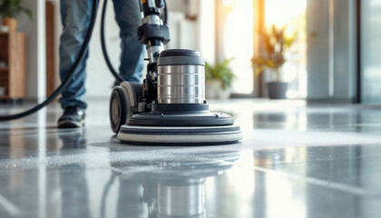 Worker polishing a floor with a high-speed machine, showcasing precision and professionalism.