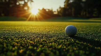 Close-up view of a golf ball and clubs on green grass, with sunlight casting a warm glow. The golf course looks serene and ready for a beautiful game.