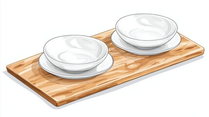 Minimalist Wooden Serving Board with Two Elegant White Bowls and Plates, Perfect for Stylish Dining, Entertaining, or Food Presentation in Various Culinary Settings