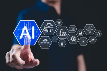 AI, Artificial Intelligence and Technology Innovation Concept. A hand interacting with a digital AI interface, with icons representing innovation, automation, and advanced business technologies.