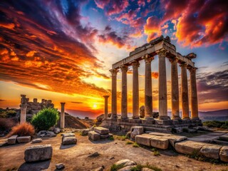 Obraz premium Dramatic Silhouettes of Ancient Ruins at Sunset | Captivating Landscape Photography | Nature and Heritage Blend | Shadows and Light | Scenic Views