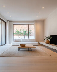Fototapeta premium Spacious modern living room with natural light and minimalistic decor in a contemporary home