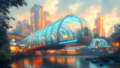 Obraz premium Futuristic city bridge over a river with glowing glass walkways. Lush green foliage surrounds the modern structure, and city lights illuminate the scene. Tranquil urban environment.