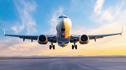 Naklejka premium A commercial airplane descends towards a runway during sunset, capturing the moment before landing