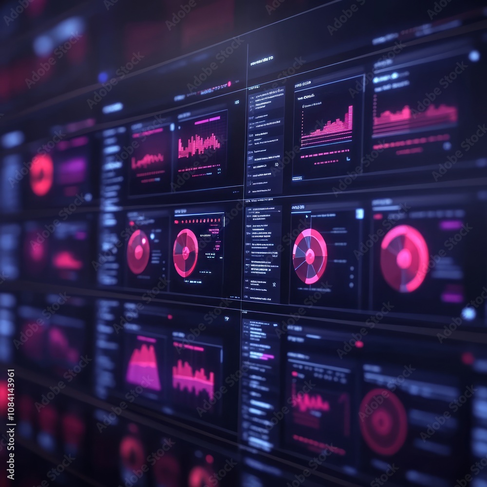 Poster a futuristic digital display with various data visualizations and graphs.