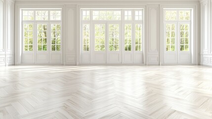 Fototapeta premium Bright and Airy Empty Room with Large Windows, Elegant White Interior Design, and Natural Light Illuminating a Spacious Floor with Herringbone Pattern